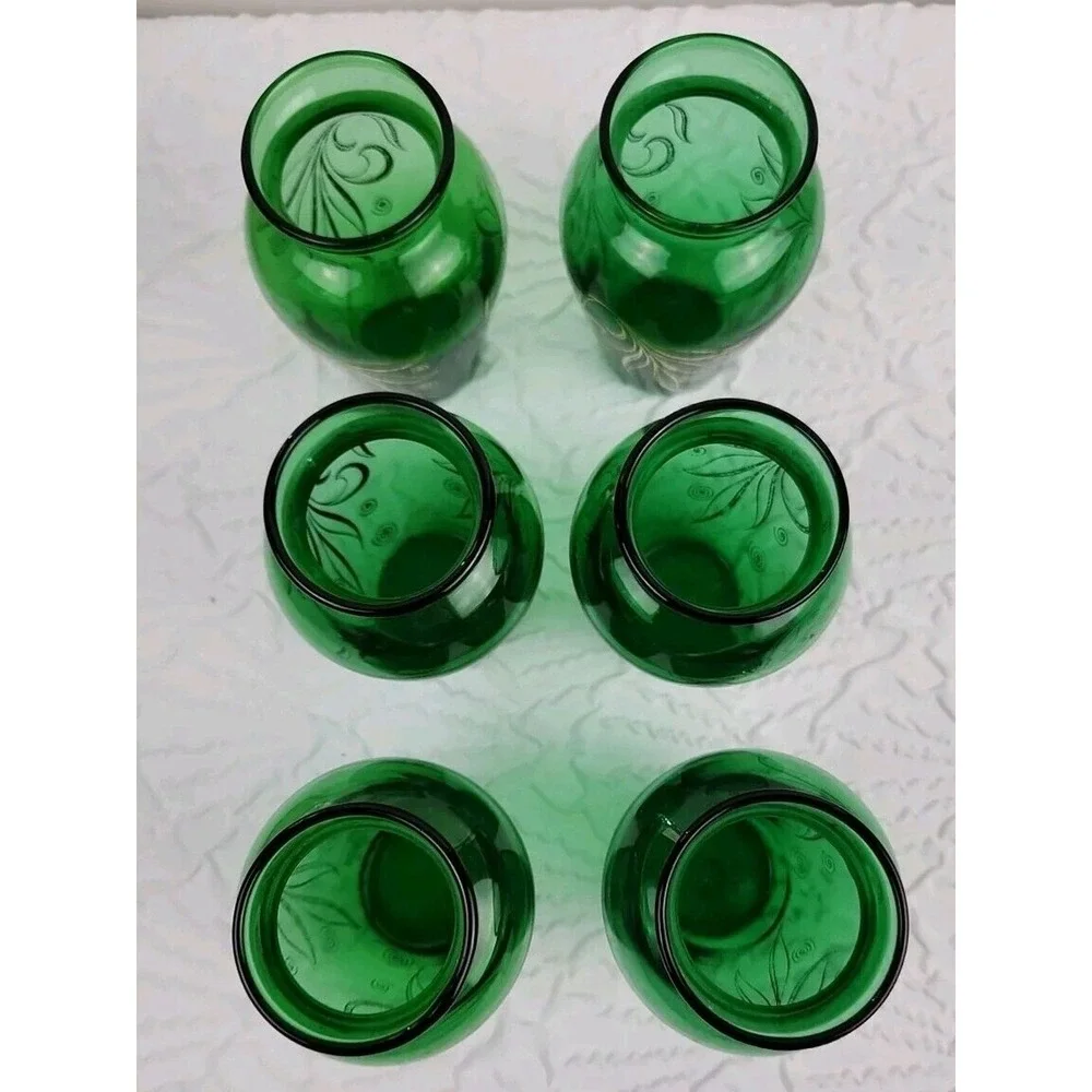 Vintage Anchor Hocking Emerald Green Glass Bud Vase Gold Accents 3.75